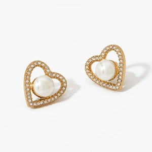 Elegant gold heart earrings with white pearls and sparkling pavé crystals for women