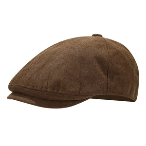 Classic dark brown linen newsboy cap with vintage textured fabric in a 45-degree side view