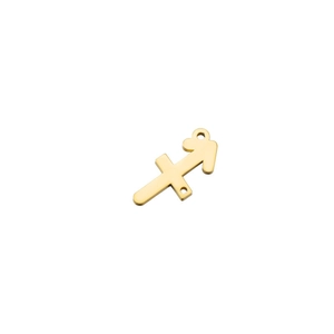 Detailed view of a golden stainless steel Sagittarius zodiac pendant on white background