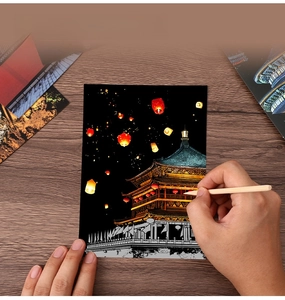 Art à gratter DIY paysage nocturne avec architecture chinoise et lanternes volantes