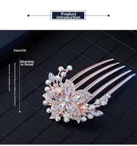 Macro view of rose gold rhinestone flower hair comb with detailed crystal inlay
