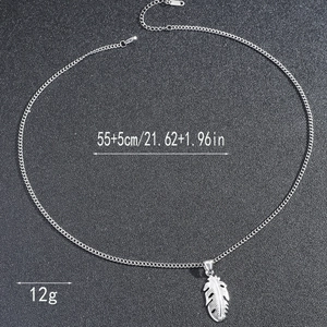 Detail of silver feather pendant necklace with 55+5cm chain on black background