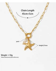 Golden starfish pendant necklace with pearl detail, dimensions and chain length specs