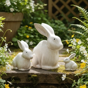 Set di tre statue da giardino a forma di coniglio vintage con trama invecchiata su pietra