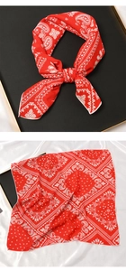 Vue détaillée d'un foulard carré rouge à motif paisley sur fond de soie élégant