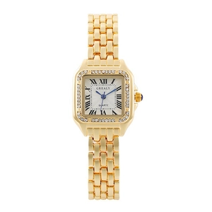 Women's gold quartz watch with square rhinestone bezel and alloy chain bracelet strap