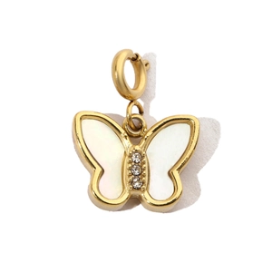 Detail view of gold butterfly pendant with natural white shell wings and zircon inlay