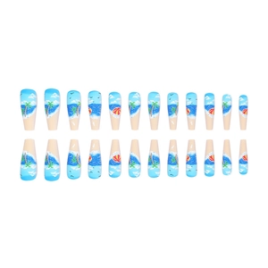 Summer beach theme press-on nails in long coffin shape with palm trees and sea art