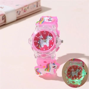 Pink cartoon unicorn LED glowing kids watch with soft silicone strap for girls