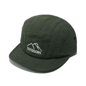 Detail of army green 5-panel ripstop camping hat with white mountain outdoors embroidery