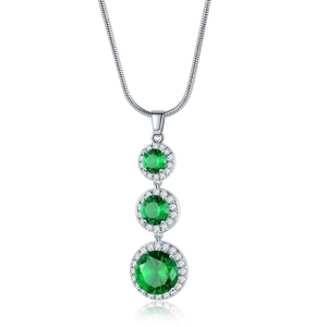 Silver pendant necklace with vertical green teardrop zircons and crystal halo