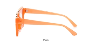 Side view detail of orange square frame glasses showing the temple curve and structure