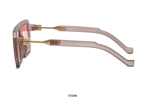 Detail view of square purple sunglasses with pink lenses and gold metal hinge design