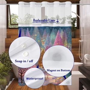 Detail of Christmas shower curtain featuring snap-in liner, waterproof fabric, and magnetic hem