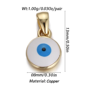 Macro detail of gold-plated copper evil eye charm with precise size and weight measurements
