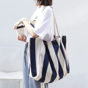 Classic navy and white striped canvas tote bag for women, large capacity shoulder bag