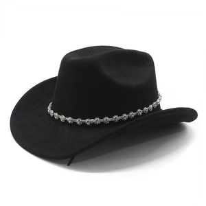 Close-up of black suede cowboy hat featuring a sparkling floral rhinestone hatband