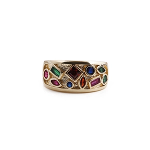 Chunky gold-plated ring with colorful mixed-cut cubic zirconia gemstones on white background
