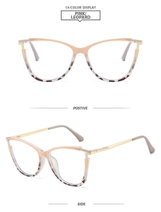 Cat eye TR90 glasses with pink top, leopard print bottom and golden metal temples