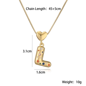 Detailed view of gold-plated letter L pendant with colorful zircon stones and dimensions