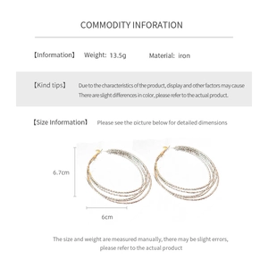 Detailed size specifications for gold multi-layer iron hoop earrings measuring 6.7cm by 6cm