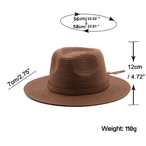 Detailed sizing chart for brown straw fedora hat showing 56cm and 58cm head measurements