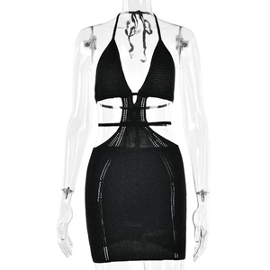 Sexy black knit halter dress with backless cut-out details and hollow-out texture