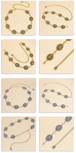 Detail view of Bohemian metal waist chain with vintage engraved oval plates and turquoise stones