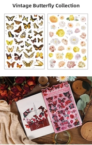 Detail of vintage butterfly and floral PET stickers on a notebook with coffee and dried flowers
