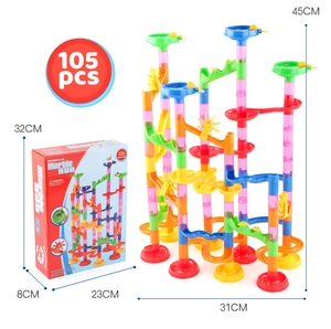 Detailed 105-piece marble run toy set with dimensions showing tall tower and package box
