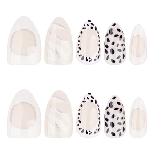 Almond shaped press-on nails with black leopard spots and silver glitter accents