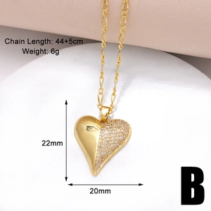 Detailed macro view showing the gold heart pendant size 22mm by 20mm and chain specs