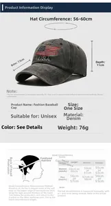 Size chart for washed denim USA flag baseball cap showing 56-60cm circumference and brim dimensions