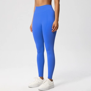Detail view of high waist royal blue yoga leggings featuring seamless peach butt lift design