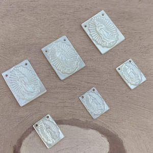 Natural white mother of pearl Guadalupe shell pendants with Virgin Mary relief detail