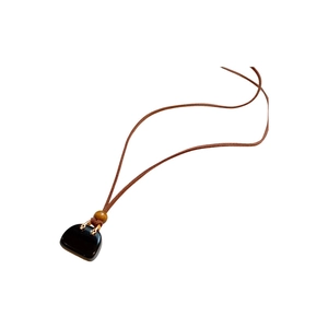 Retro faux stone bag necklace with brown leather cord and wooden beads for women
