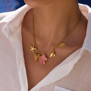 18K gold plated stainless steel necklace with starfish, heart and pink flower charms
