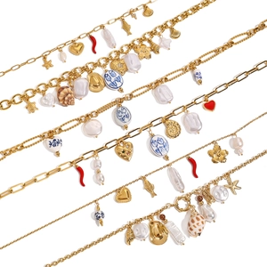 Vintage bohemian gold chain necklace with baroque pearls and heart pendants