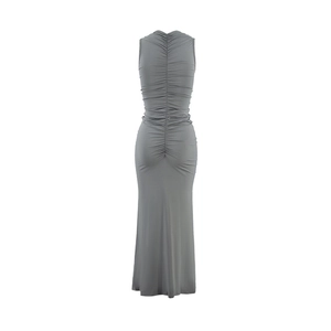 Detail view of the ruching design on the back of this slim fit sleeveless gray maxi dress