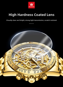 Detail of gold skeletal dial with tachymeter bezel and scratch-resistant coating