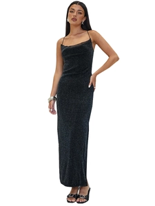Sparkly black backless maxi dress with cowl neck and metallic sequins for women