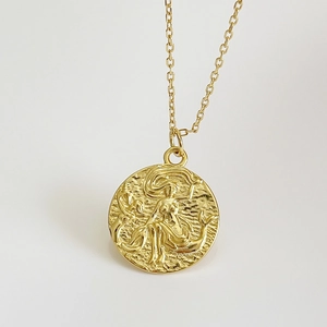Golden 925 silver mermaid relief coin pendant necklace with vintage hammered texture