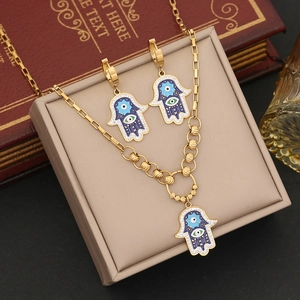 Hamsa Hand Evil Eye Necklace Bracelet Earrings Stainless Steel Enamel Zircon Gold Plated Jewelry For Women