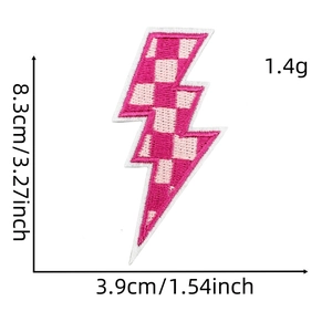 Detail showing dimensions of a pink checkered lightning bolt embroidered patch with white border