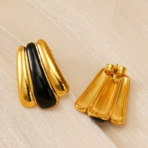 Modern 18k gold plated stainless steel arc earrings with black enamel striped inlay