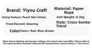 Specifications of round paper rope woven bag showing material and colors available