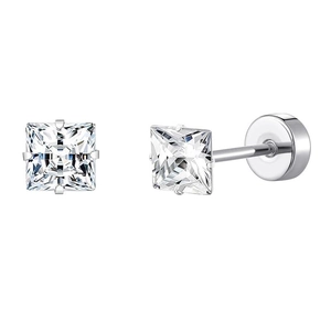 Detail of square princess cut stud earrings with silver four-claw setting and butterfly back