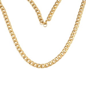 Detailed view of golden stainless steel Cuban chain necklace with lobster clasp closure