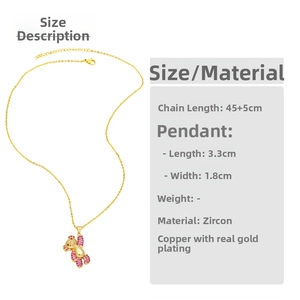 Detailed dimensions of gold bear pendant necklace with pink zircon and 45+5cm chain