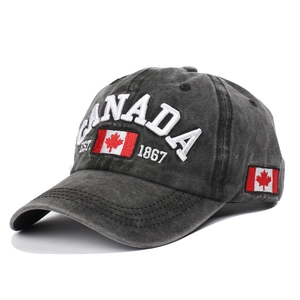 Grey washed cotton baseball cap with white Canada embroidery and maple leaf logo